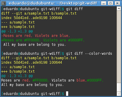 Sample output of <code>git diff --color-words</code>